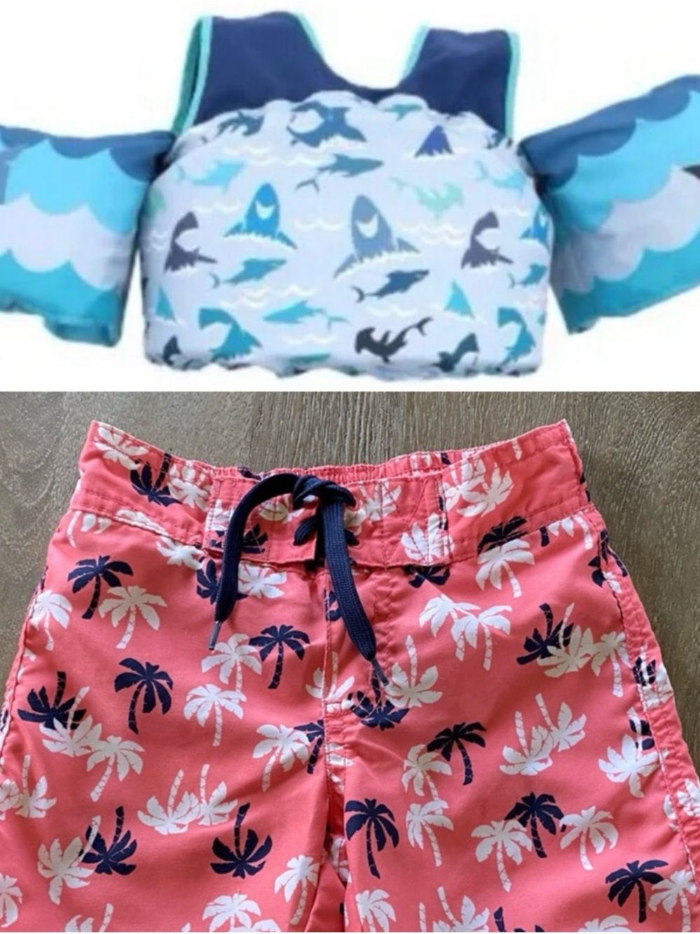 🧸 Janie & Jack + Paddle Pals | Palm Tree Swim Trunks + Sharks Swim Vest • 3T